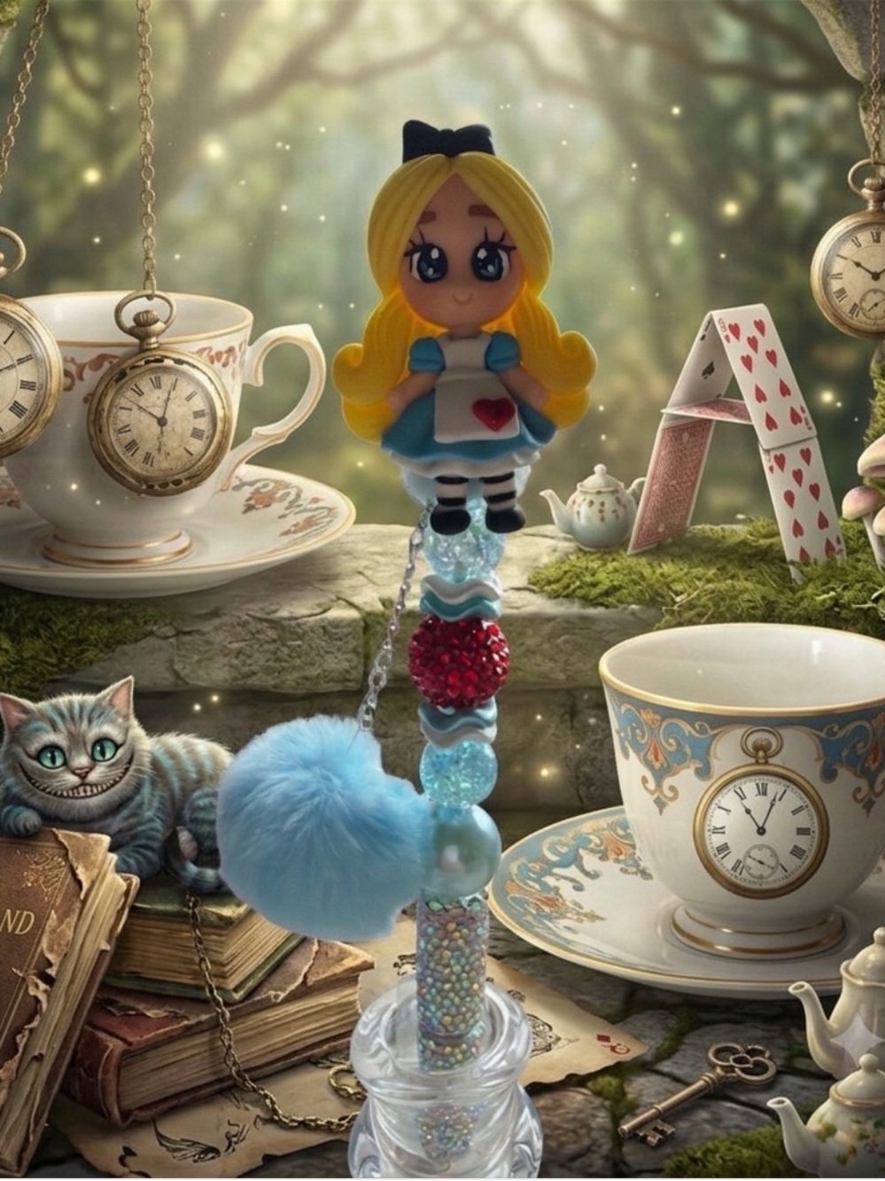 Kids Plush Pom-Pendant Alice Doll Pen- Blue